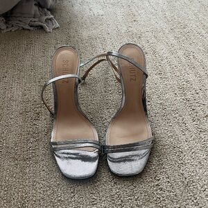 Schutz Silver Metallic Strappy High Heel Sandals
